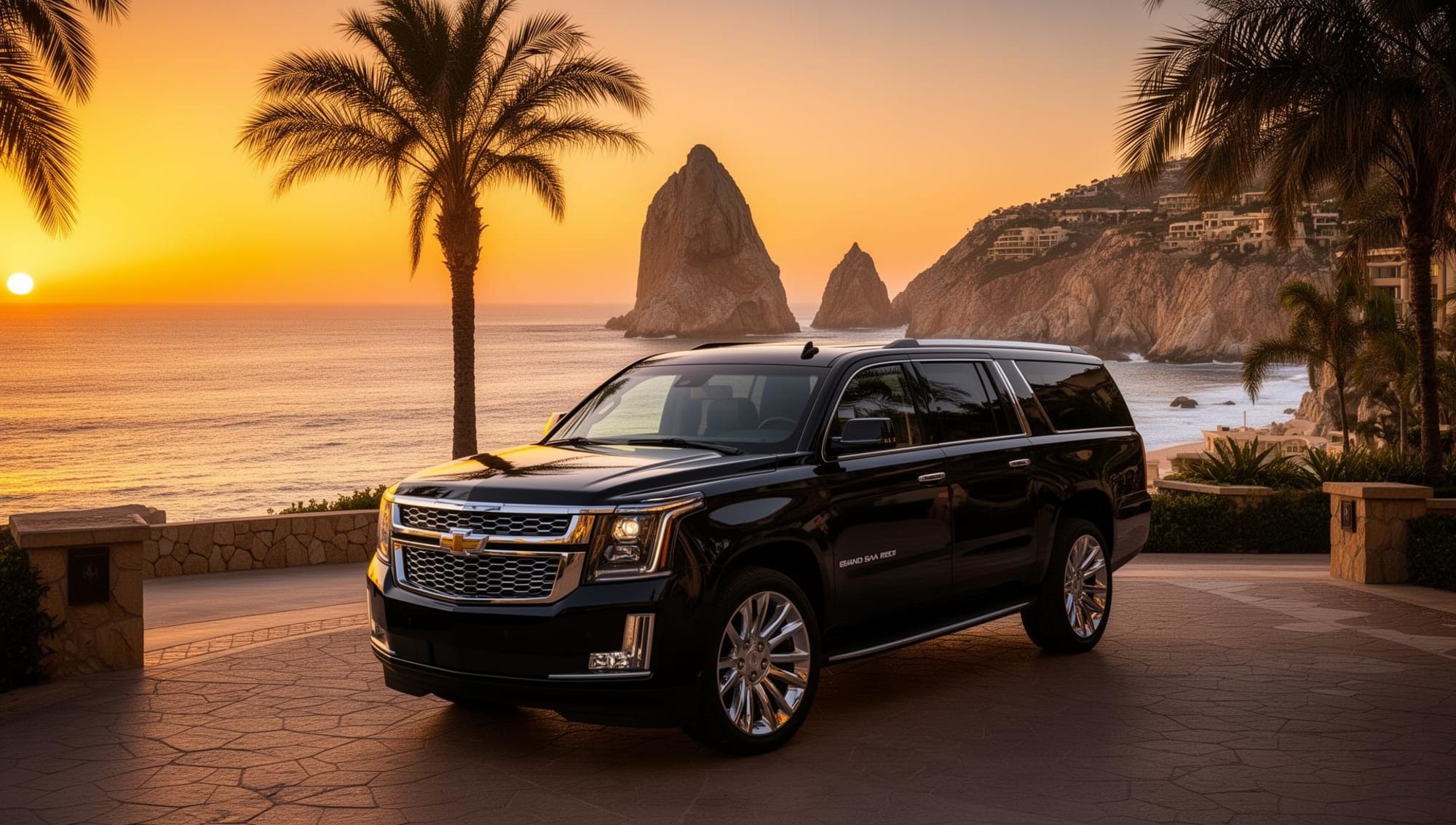 Black Chevrolet Suburban at sunset in Cabo San Lucas